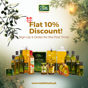 A bottle of Bella Foods Olive Oil on a kitchen counter